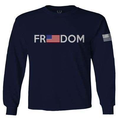 0160. Freedom Military Patriotic Proud American Flag Armour US USA Men's Long Sleeve t Shirt (Navy Blue, Large)