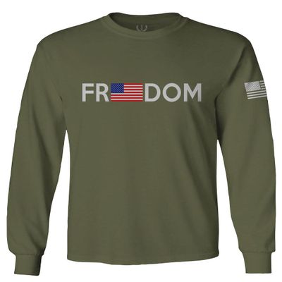 0160. Freedom Military Patriotic Proud American Flag Armour US USA Men's Long Sleeve t Shirt (Olive, Small)