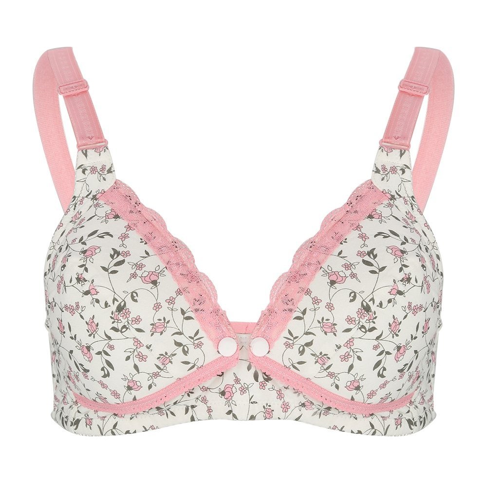 Breastfeeding Bra, Cotton Pre Opening Button Breast Feeding Bra Maternity Nursing Bra Sleep Bras with Lace Trim for Pregnant Women(38 85)