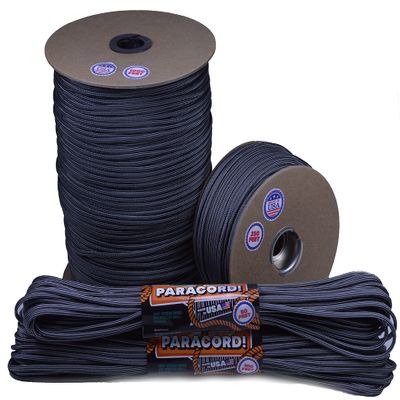 10', 25', 50', 100' Hanks or 250', 1000' Spools of Parachute 550 Cord Type III 7 Strand Paracord - Silver with Black Stripes - 1000 Foot Spool