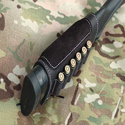 Leather Cartridge Buttstock Shotgun Shell Holder, Hunting Buttstock Ammo Holder Pouch Bag for Rifles, Shotgun Shell Pouch Shell Holder Stock (Black, .375/38)