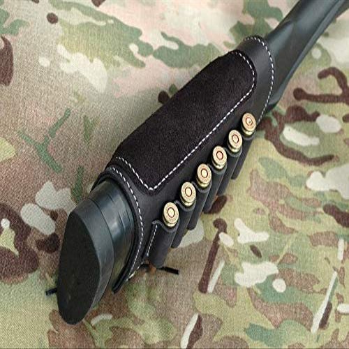 Leather Cartridge Buttstock Shotgun Shell Holder, Hunting Buttstock Ammo Holder Pouch Bag for Rifles, Shotgun Shell Pouch Shell Holder Stock (Black, .375/38)