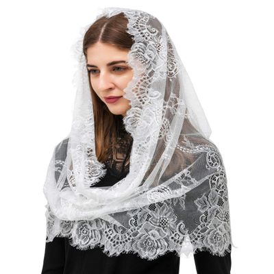 PAMOR Spanish Style Lace Traditional Vintage Inspired Infinity Shape Mantilla Veil Latin Mass Head Covering (White)