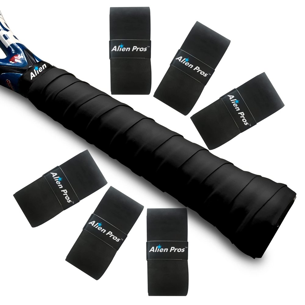 Alien Pros Tennis Racket Grip Tape (6 Grips) Precut and Light Tac Feel Tennis Grip Tennis Overgrip Grip Tape Tennis Racket Wrap Your Racquet for High Performance (6 Grips, Black)