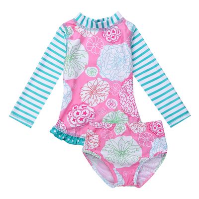 FEESHOW Kids Little Girls Long Sleeve Rashguard Swimsuit Shirt Top with Bikini Bottom 2 Piece Bathing Suit Set Pink 3T