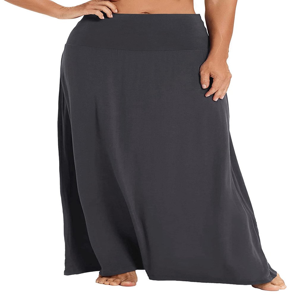 EXCHIC Women's Boho Flod Over Long Maxi Skirt Elastic High Waisted Long Skirts for Women (Dark Shadow, X-Large)