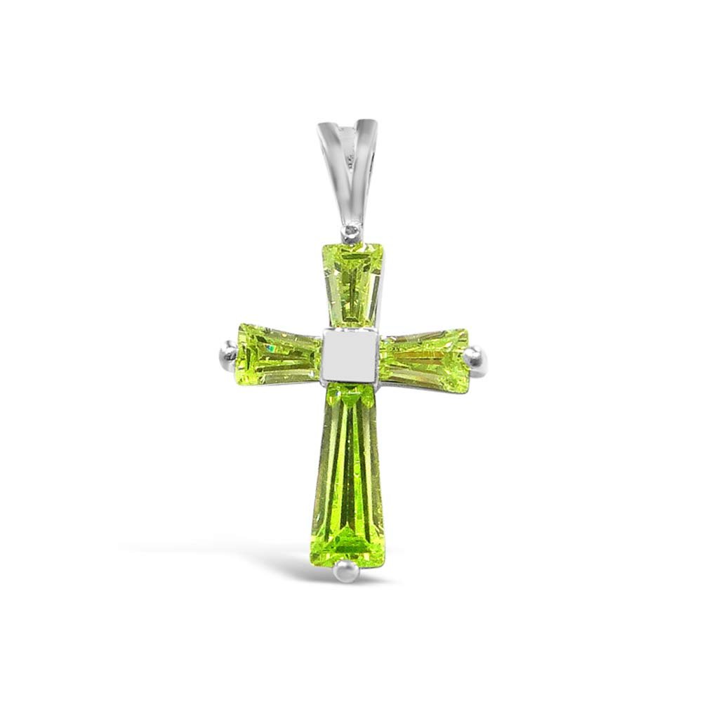 LaTisoro 925 Solid Sterling Silver Small Cubic Zirconia Baguette Cross Pendant, Charm for Bracelet Necklace (Green (Peridot))
