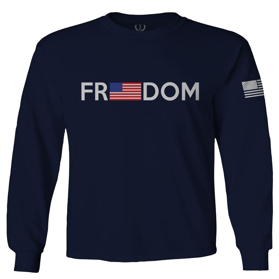 0160. Freedom Military Patriotic Proud American Flag Armour US USA Men's Long Sleeve t Shirt (Navy Blue, X-Large)