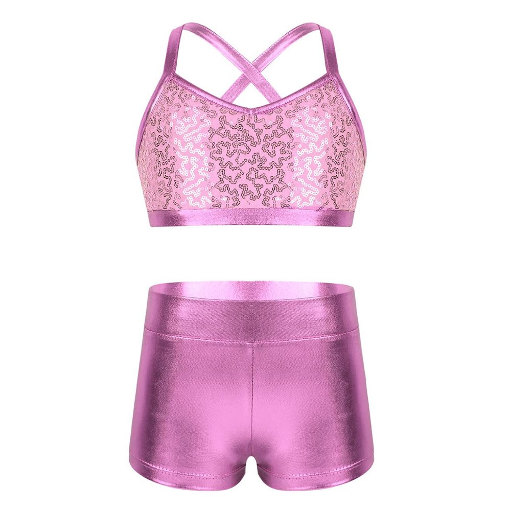YEAHDOR Big Girls' Kids 2-Pieces Gymnastics Dancing Crop Bra Top with Shorts Set Athletic Sports Outfits Actviewear Pink 10-12