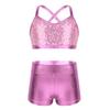 YEAHDOR Big Girls' Kids 2-Pieces Gymnastics Dancing Crop Bra Top with Shorts Set Athletic Sports Outfits Actviewear Pink 10-12 view 1