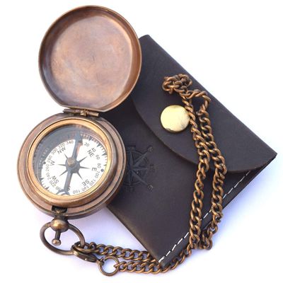 ARTIZANSTORE Handmade Brass Push Open Compass On Chain with Leather Case, Pocket Compass, Gift Compass