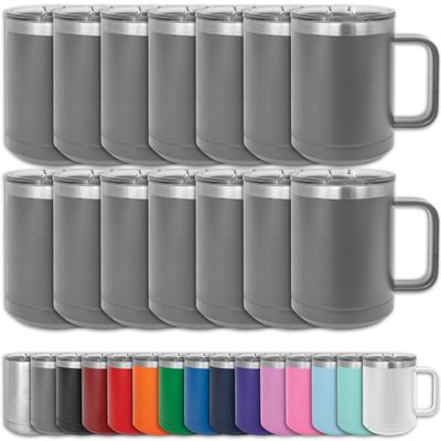 Clear Water Home Goods - (Bulk Pack of 12-15 oz Double Wall Coffee Mug with Lid and Handle, Double Insulated Stainless Steel Travel Tumbler Cup - Powder Coated - Dark Gray