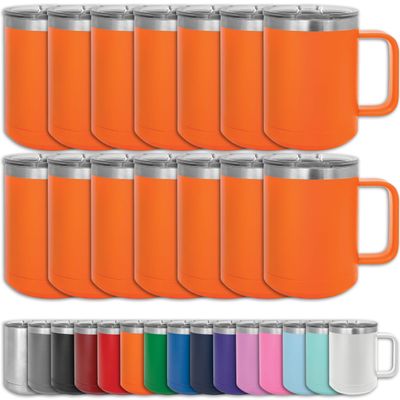 Clear Water Home Goods - (Bulk Pack of 12-15 oz Double Wall Coffee Mug with Lid and Handle, Double Insulated Stainless Steel Travel Tumbler Cup - Powder Coated - Orange