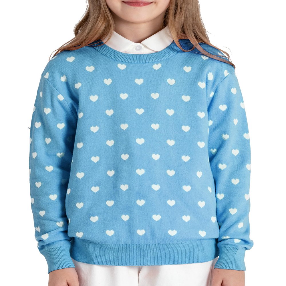 BOBOYOYO Girls Sweaters Cotton Kids Heart Sweater Valentine Holiday Pullover Teen Clothes Crew Neck Knit Top Long Sleeve Light Blue