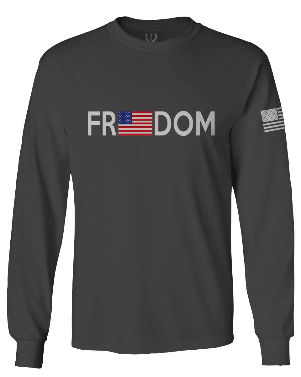 0160. Freedom Military Patriotic Proud American Flag Armour US USA Men's Long Sleeve t Shirt (Characol, Large)
