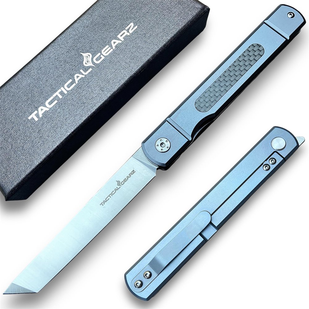 Japanese Style Higonokami Top Flipper Pocket Knife! Solid Titanium Handle! D2 Steel Blade! ncludes Sheath! (Blue Higonokam Top Flipper)