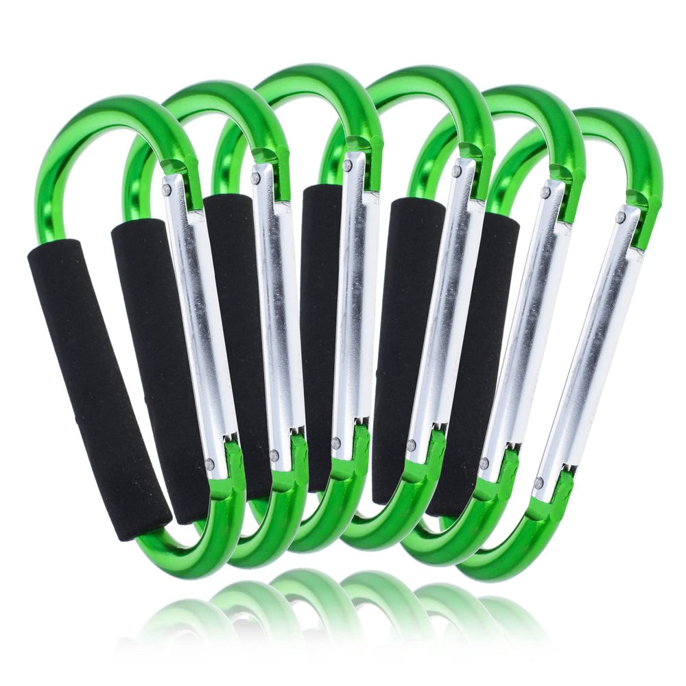 ASR Outdoor 6-Pack Green Jumbo Aluminum Carabiner Hiking Non-Locking Spring Clip Cushion Grip, 6.5 inch