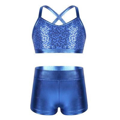 YEAHDOR Big Girls' Kids 2-Pieces Gymnastics Dancing Crop Bra Top with Shorts Set Athletic Sports Outfits Actviewear Light Blue 12-14