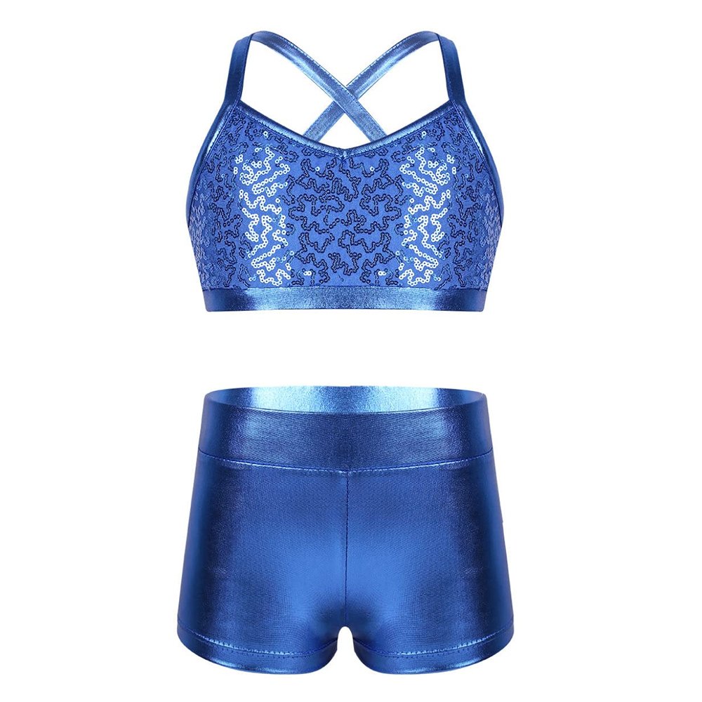 YEAHDOR Big Girls' Kids 2-Pieces Gymnastics Dancing Crop Bra Top with Shorts Set Athletic Sports Outfits Actviewear Light Blue 12-14