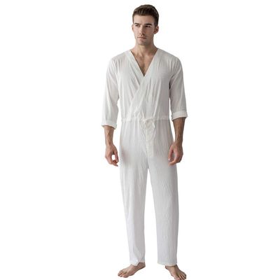 7 VEILS Mens One-Piece Pajamas Silky Jacquard Union Suit Onesie Jumpsuit Pantsuit Romper (Beige, L)