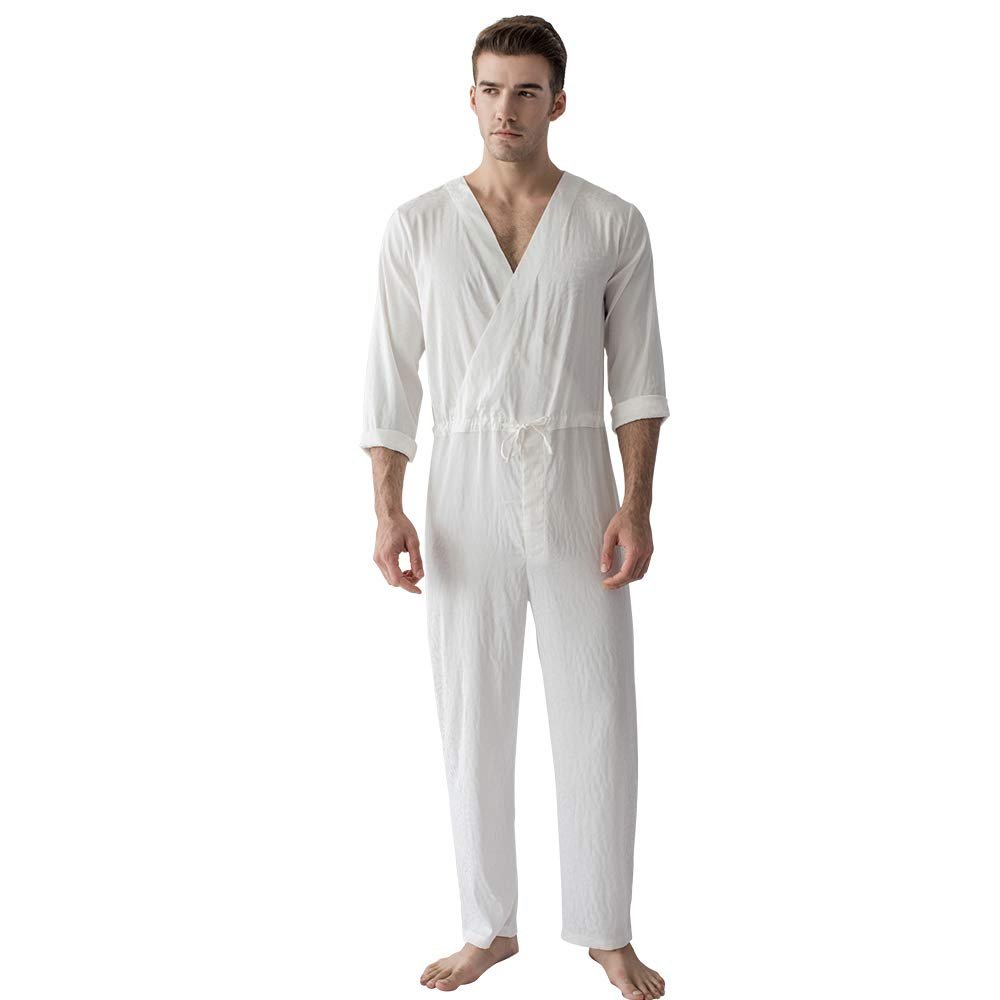 7 VEILS Mens One-Piece Pajamas Silky Jacquard Union Suit Onesie Jumpsuit Pantsuit Romper (Beige, L)