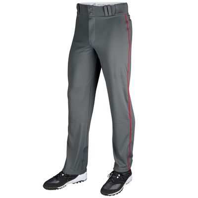 Champro Triple Crown OB Open-Bottom Baseball Pants with Side-Piping Braid, Adjustable Inseam, and Reinforced Sliding Areas, Graphite, Scarlet Piping, Medium