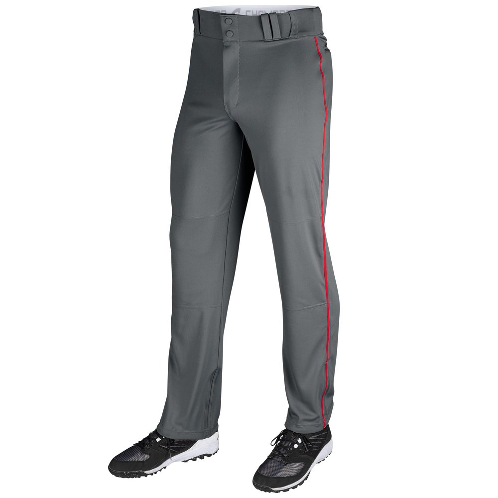 Champro Triple Crown OB Open-Bottom Baseball Pants with Side-Piping Braid, Adjustable Inseam, and Reinforced Sliding Areas, Graphite, Scarlet Piping, Medium