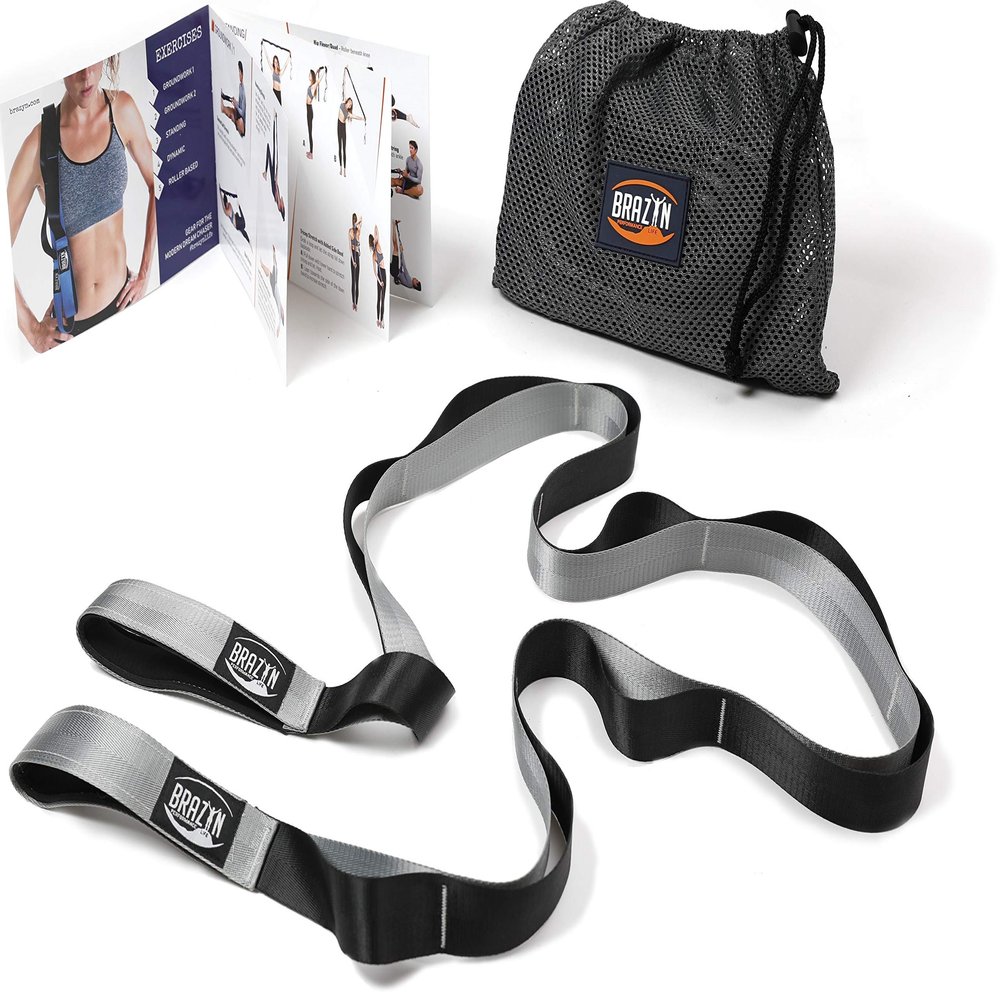 Brazyn Mobility Stretching Strap with Neoprene Padded Handles and 10 Loops for Yoga, Pilates and General Fitness (1.5 inches) Gray