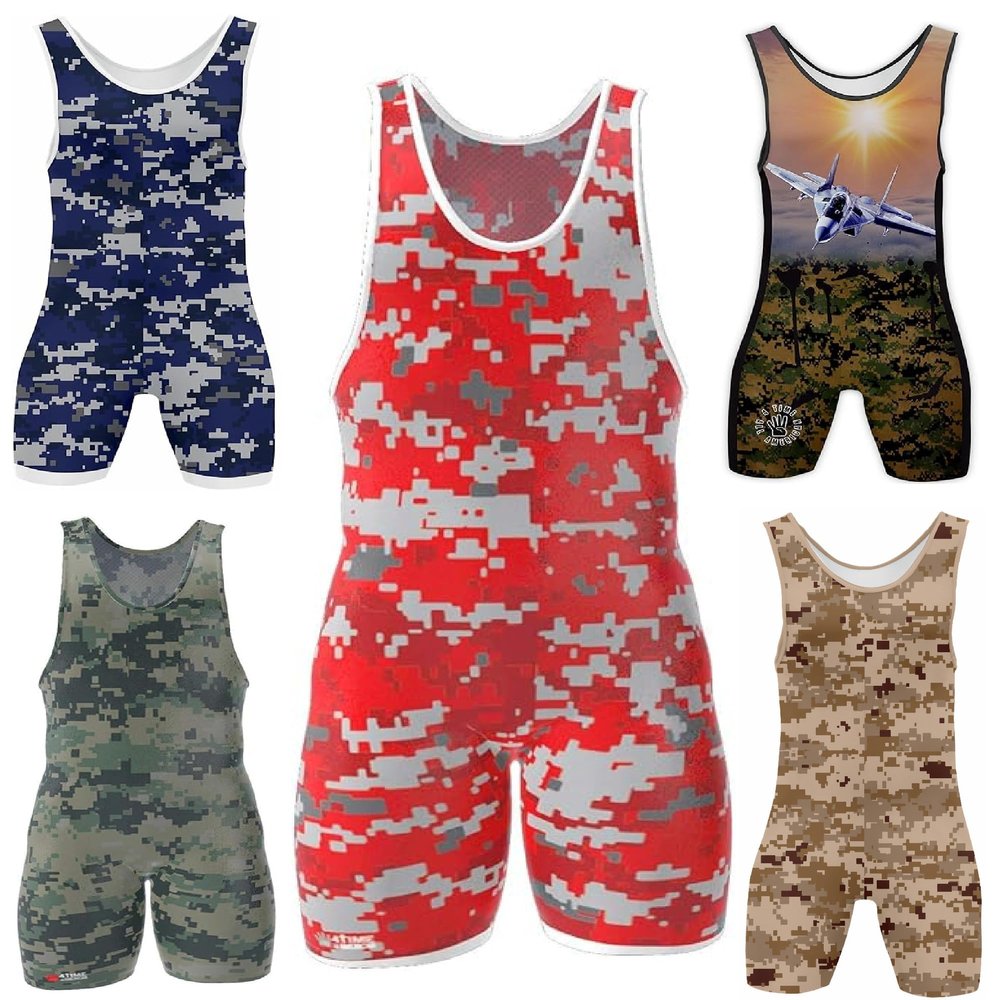 4 Time All American Sublimated Wrestling Singlet  Stitched & Durable Mens Singlet  Singlet for Wrestling, MMA & Powerlifting Wrestling Singlet Youth Boys (Camo Red, XL 191-220 lbs.)