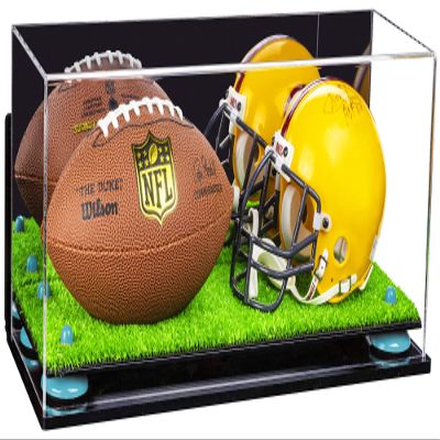 Better Display Cases Acrylic Mini - Miniature (not Full Size) Football, Helmet Display Case with Mirror Case, Light Blue Risers, Turf Base and WallMount (A019-BLR)