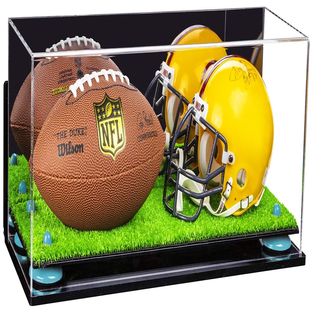 Better Display Cases Acrylic Mini - Miniature (not Full Size) Football, Helmet Display Case with Mirror Case, Light Blue Risers, Turf Base and WallMount (A019-BLR)