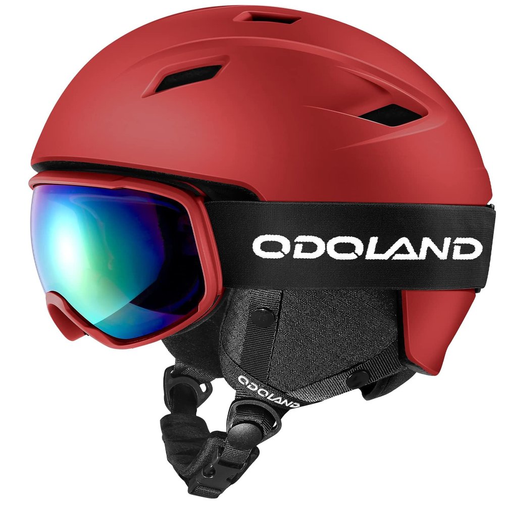 Odoland Ski Helmet and Goggles Set for Adults & Youth, Snowboard Helmet with Goggles - Shockproof Winter Sports Helmet with Protective Shell for Men, Women & Teens, Red, S