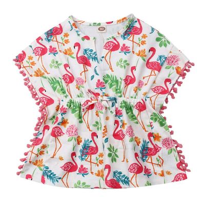 Little Girls Linen Cactus Flamingo Cover-up Beach Swimsuit Coverup Pompom Tassel Sundress (Flamingo, 2-3T)