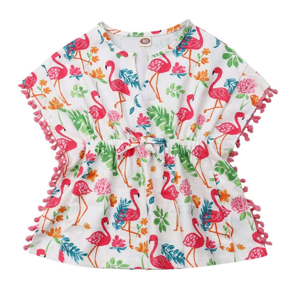 Little Girls Linen Cactus Flamingo Cover-up Beach Swimsuit Coverup Pompom Tassel Sundress (Flamingo, 2-3T)