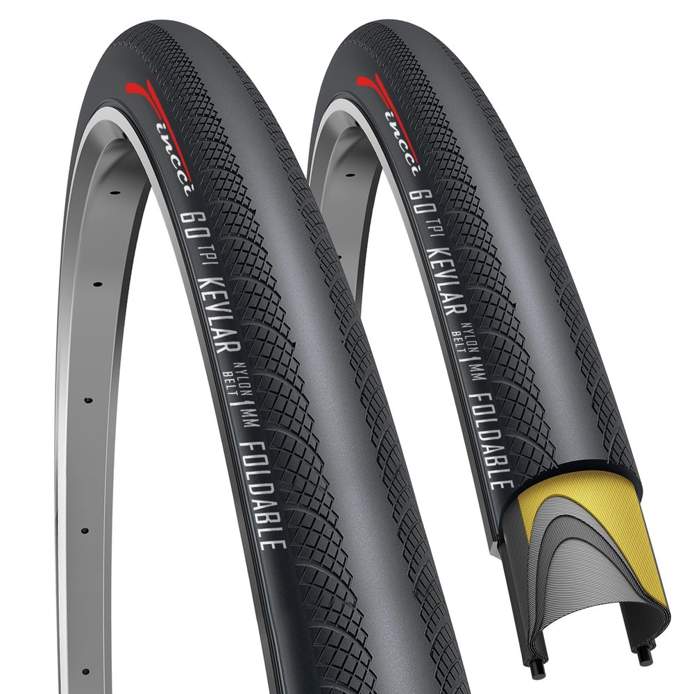 Fincci Pair 700x28c Foldable Tires, 60 TPI, 1mm Antipuncture Protection, Tough Nylon and Rubber Compound, Road Bike Tires for Racing Touring - Pack of 2