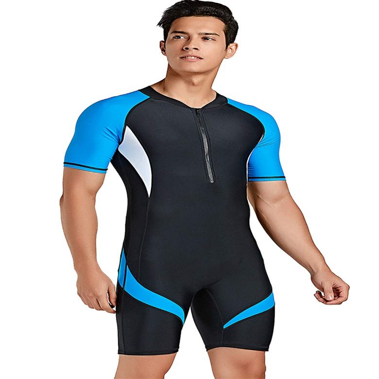 Short Sleeve One Piece Swimwear Swimsuit, New Blue Black-men, Asian 2XL = US XL