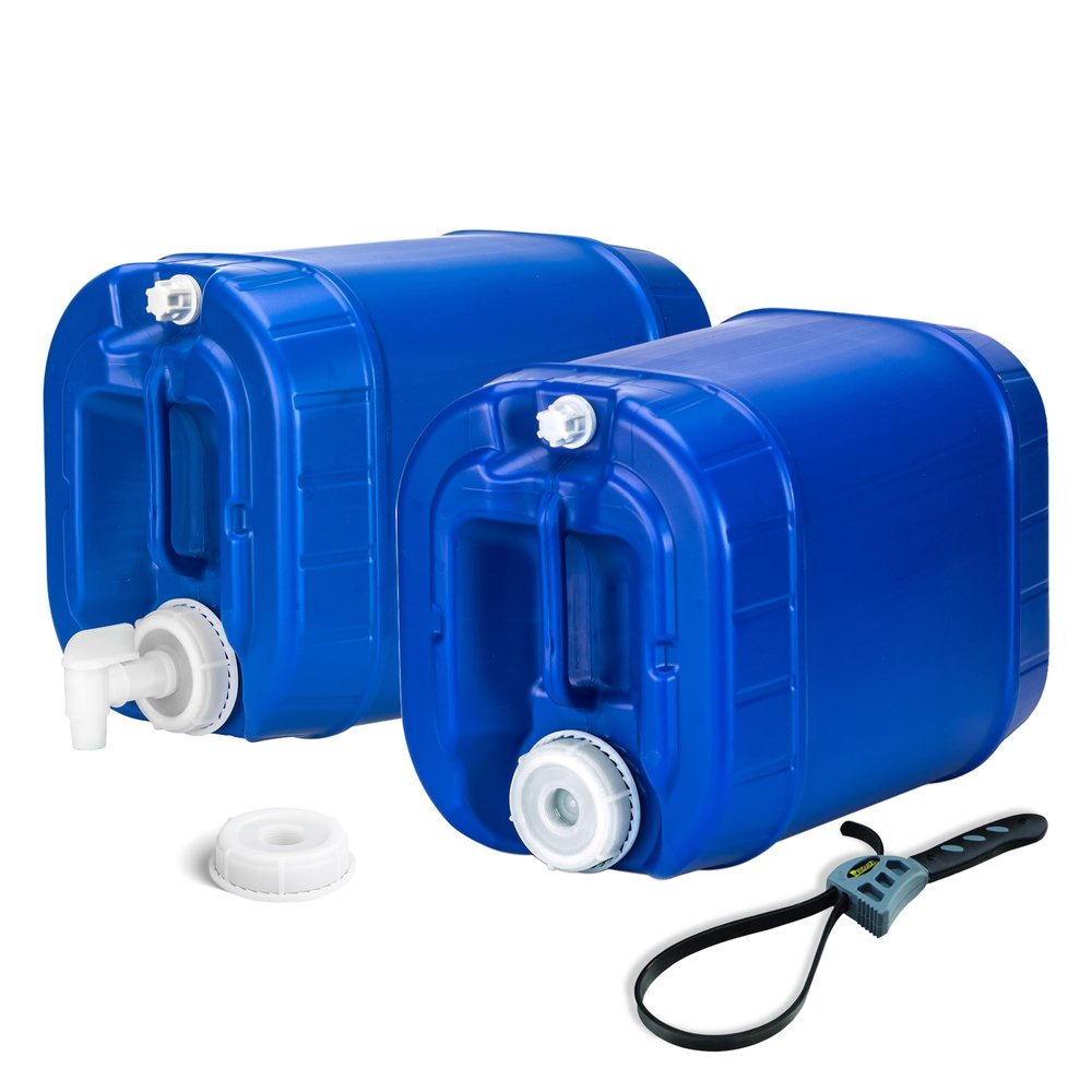 Emergency Water Storage Containers 10 Gallon, Long Term 5 Gallon Water Tank - 2 Stackable Food Grade Tanks Included, for Camping, Prepping, Survival - 10 Gallon Total Capacity