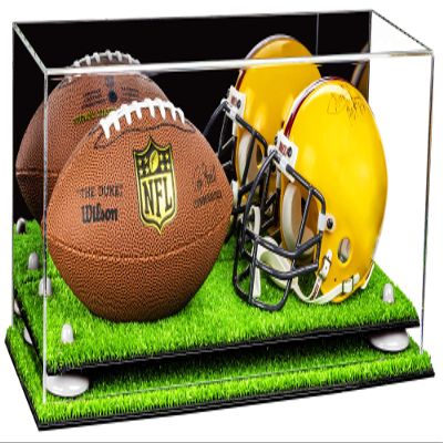 Better Display Cases Acrylic Mini - Miniature (not Full Size) Football and Helmet Display Case with Mirror Case, White Risers and Turf Base (A019-WR)