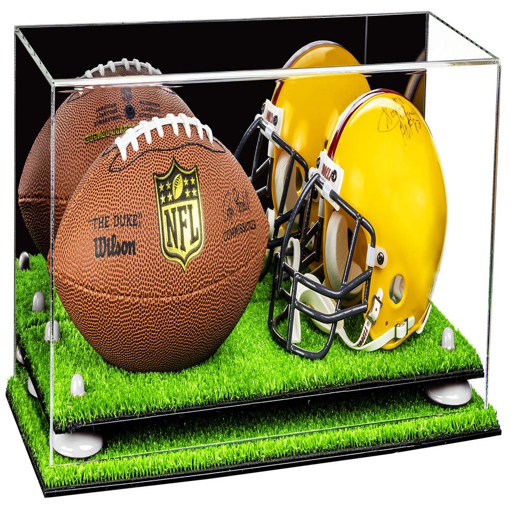 Better Display Cases Acrylic Mini - Miniature (not Full Size) Football and Helmet Display Case with Mirror Case, White Risers and Turf Base (A019-WR)