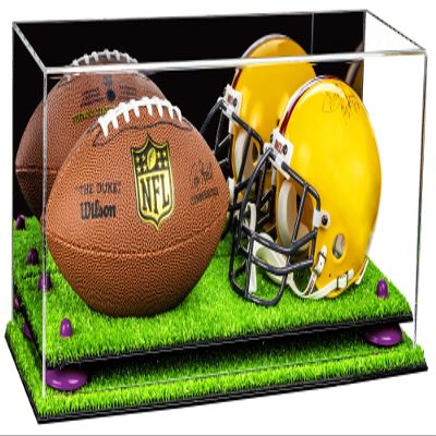 Better Display Cases Acrylic Mini - Miniature (not Full Size) Football and Helmet Display Case with Mirror Case, Purple Risers and Turf Base (A019-PR)