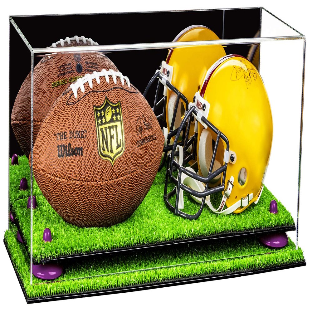 Better Display Cases Acrylic Mini - Miniature (not Full Size) Football and Helmet Display Case with Mirror Case, Purple Risers and Turf Base (A019-PR)