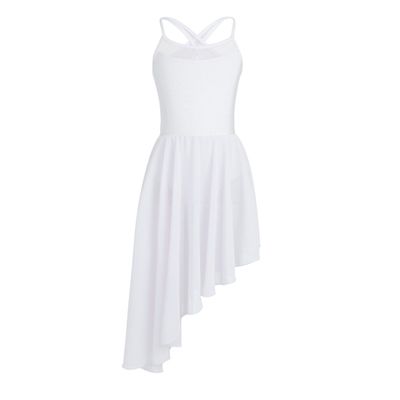easyforever Girls Spaghetti Straps Mesh Splice Cutout Back Irregular Hem Ballet Dance Gymnastics Leotard Dress White 5-6