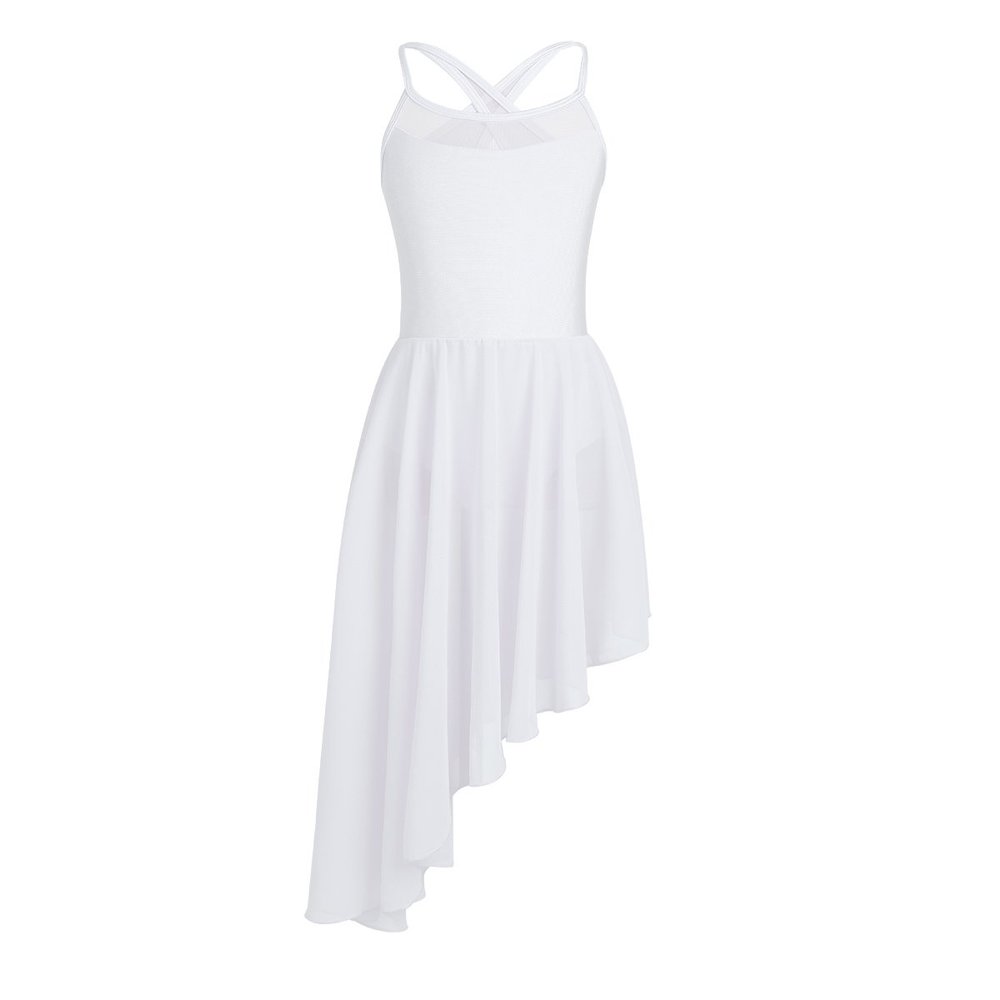 easyforever Girls Spaghetti Straps Mesh Splice Cutout Back Irregular Hem Ballet Dance Gymnastics Leotard Dress White 5-6
