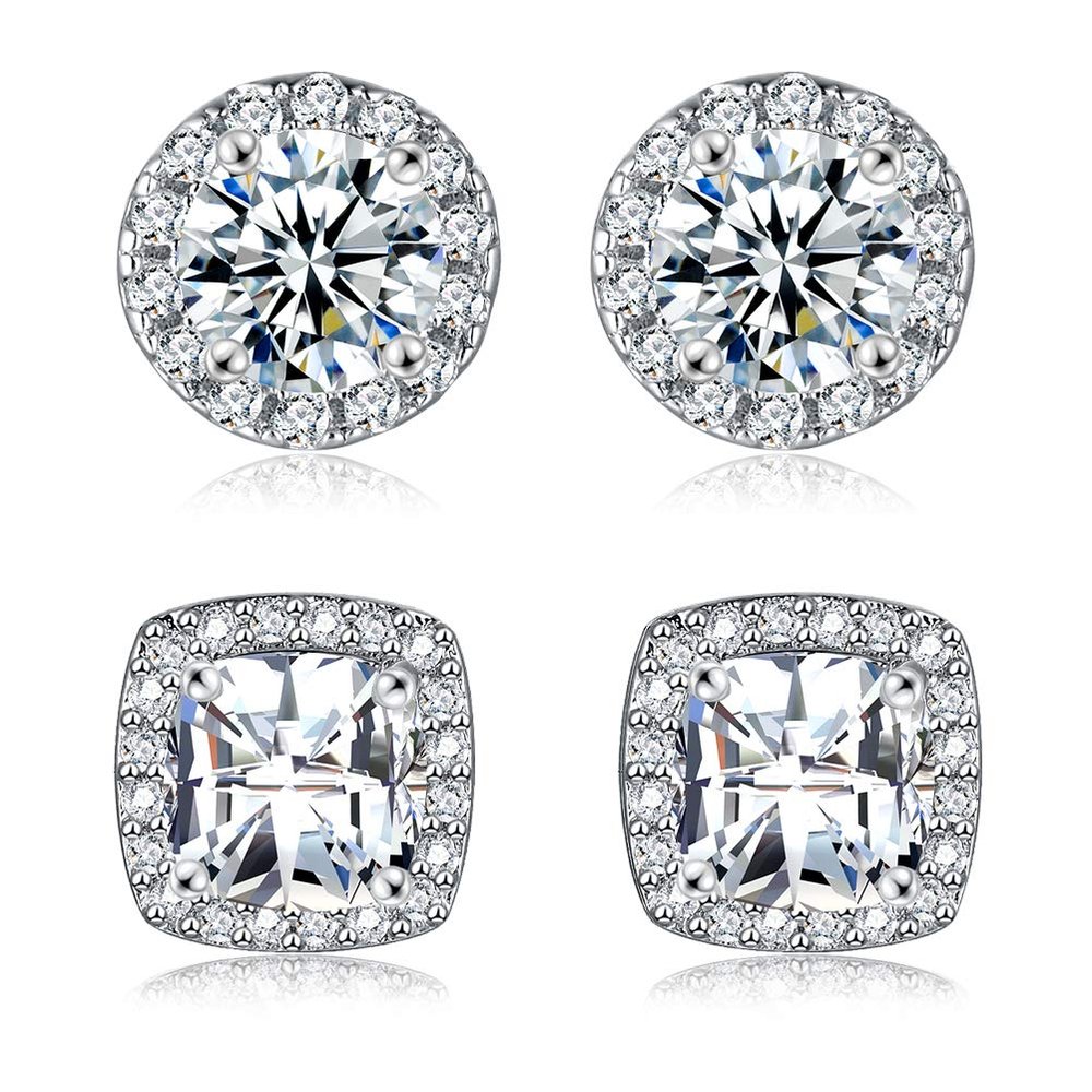 18K White Gold Plated Round Square Cubic Zirconia Simulated Diamond Halo Stud Earrings (2 Pairs)