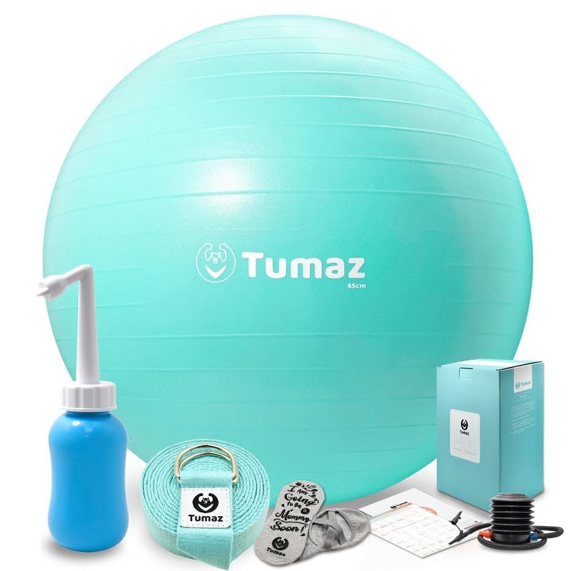 Tumaz Birth Ball for Pregnancy & Labor - Including Birthing Ball/Peri Bottle/Yoga Strap/Non-Slip Socks for Exercises Set with Quick Foot Pump & Instruction Poster