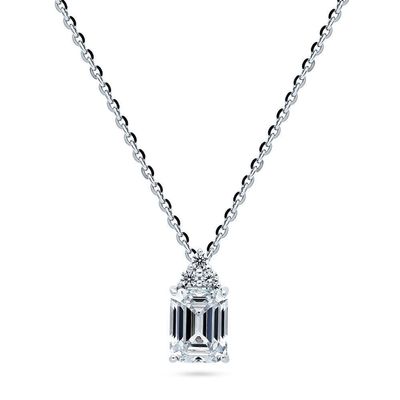BERRICLE Sterling Silver Solitaire 2.1 Carat Emerald Cut Cubic Zirconia CZ Anniversary Pendant Necklace for Women, Rhodium Plated 18 inch