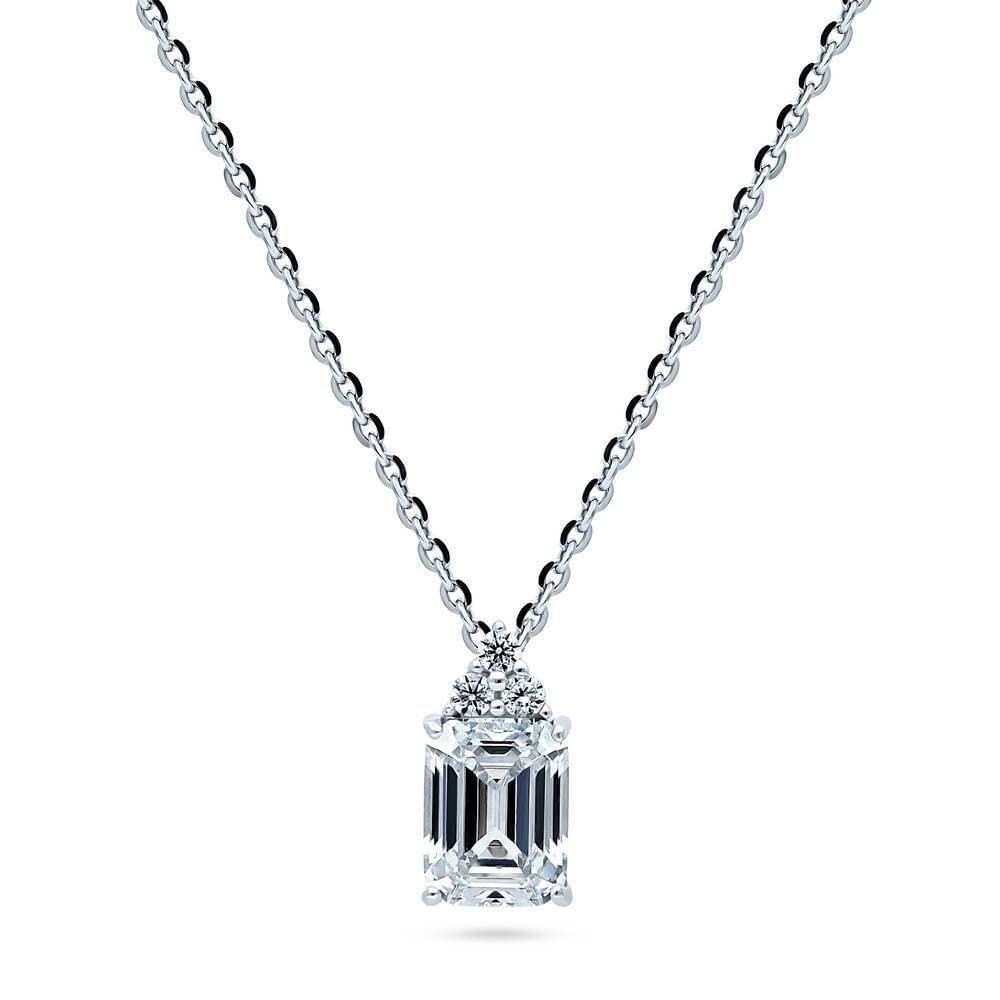 BERRICLE Sterling Silver Solitaire 2.1 Carat Emerald Cut Cubic Zirconia CZ Anniversary Pendant Necklace for Women, Rhodium Plated 18 inch