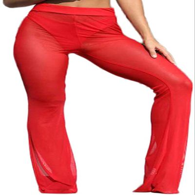 Awoscut Women See Through Sheer Mesh Pants Beach Swimsuit Bikini Bottom Cover up Party Club Elastic High Waist Wide Leg Pants D-red