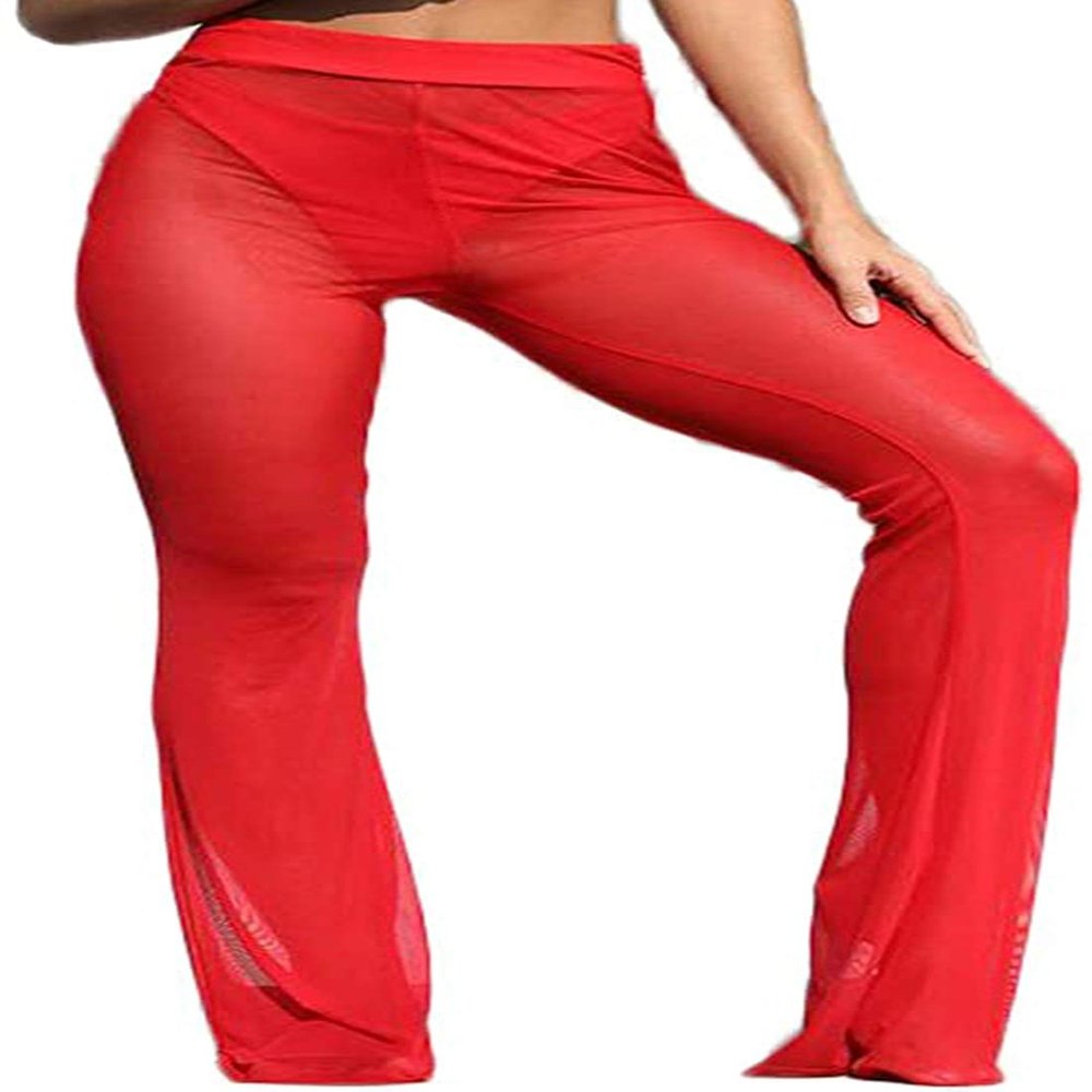 Awoscut Women See Through Sheer Mesh Pants Beach Swimsuit Bikini Bottom Cover up Party Club Elastic High Waist Wide Leg Pants D-red