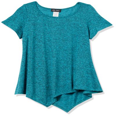 Star Vixen Women's Petite Short SLV Flattering Hanky Hem Sweater Knit Top, Teal, PS